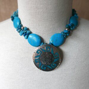 Inlaid Aztec Calendar Pendant and Turquoise Necklace